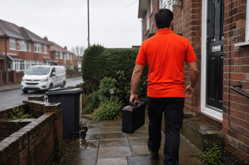 A Client Cheers technician walking up a front path with a tool case, the van parked on the street behind him.