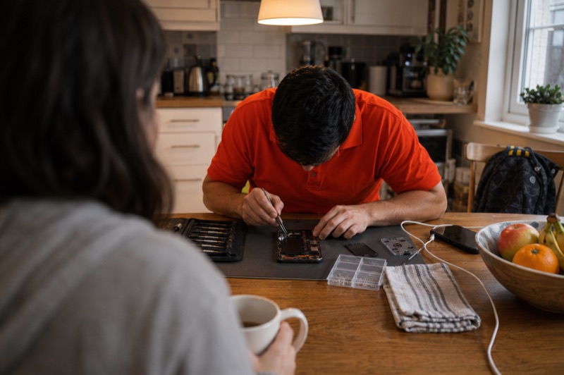 A technician working on an opened phone at a customer's kitchen table, the customer watching from across the table with a mug of tea.