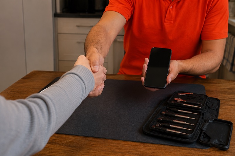 A technician shaking the customer's hand across the repair mat while handing back the finished phone.