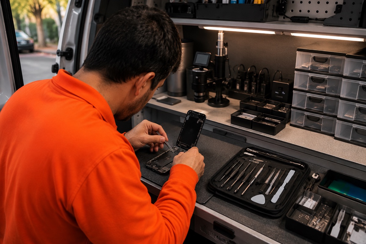 A Client Cheers technician working on an opened phone at the fitted bench inside the van, tool roll and parts drawers laid out beside him.