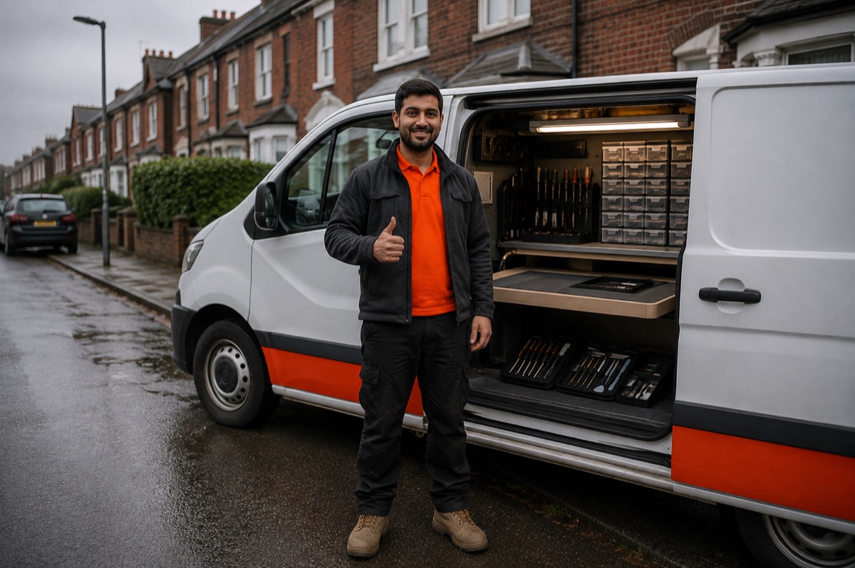 A Client Cheers technician standing beside the van with the side door open, tool rolls and parts drawers visible inside.